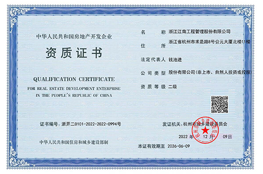 Qualification Certificate for Real Estate Development Enterprises of the People's Republic of China